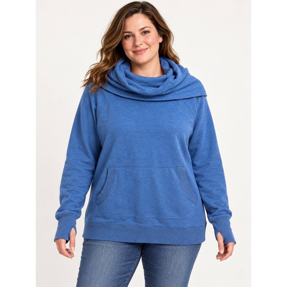 LL Bean Womens XL Blue Cowl Neck Sweatshirt Thumbhole Pullover 290312